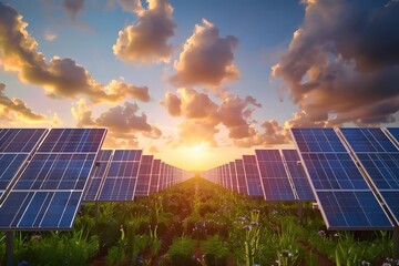Solar energy panels in a field at sunrise, symbolizing renewable energy and sustainability.