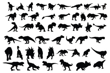 Abstract Set of different dinosaur icon silhouettes. Isolated flat vector illustrations 