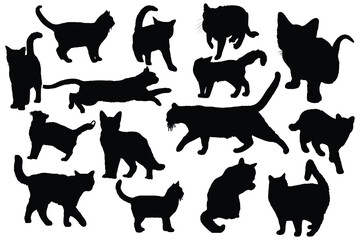 Silhouette Black cat set vector flat illustration. Collection funny looking feline with mustache and tail isolated.   