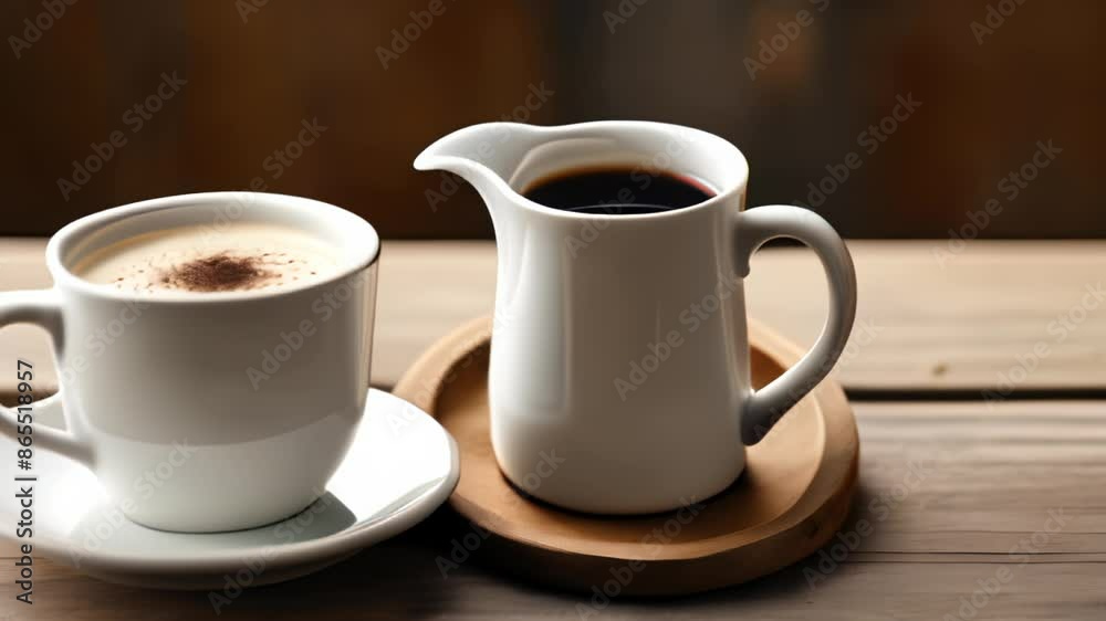 Canvas Prints  Espresso in a white cup and saucer with a wooden tray and a wooden table in the background