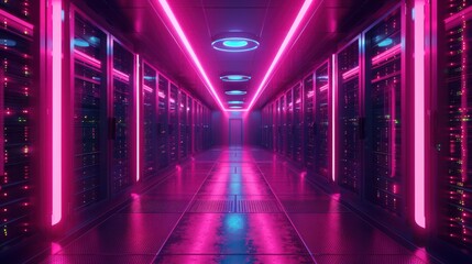 Fototapeta premium High-tech server room Filled with neon lights and advanced networking equipment