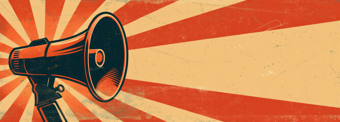 Vintage style illustration of retro megaphone, on sunburst background with copy space