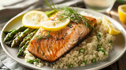 Delicious grilled salmon fillet with lemon slices, fresh dill, served on a bed of quinoa with asparagus spears, and a slice of lemon.