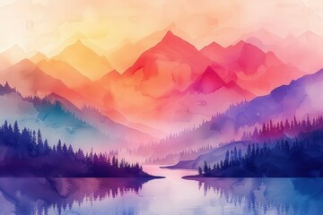 Watercolor Mountains at Sunset