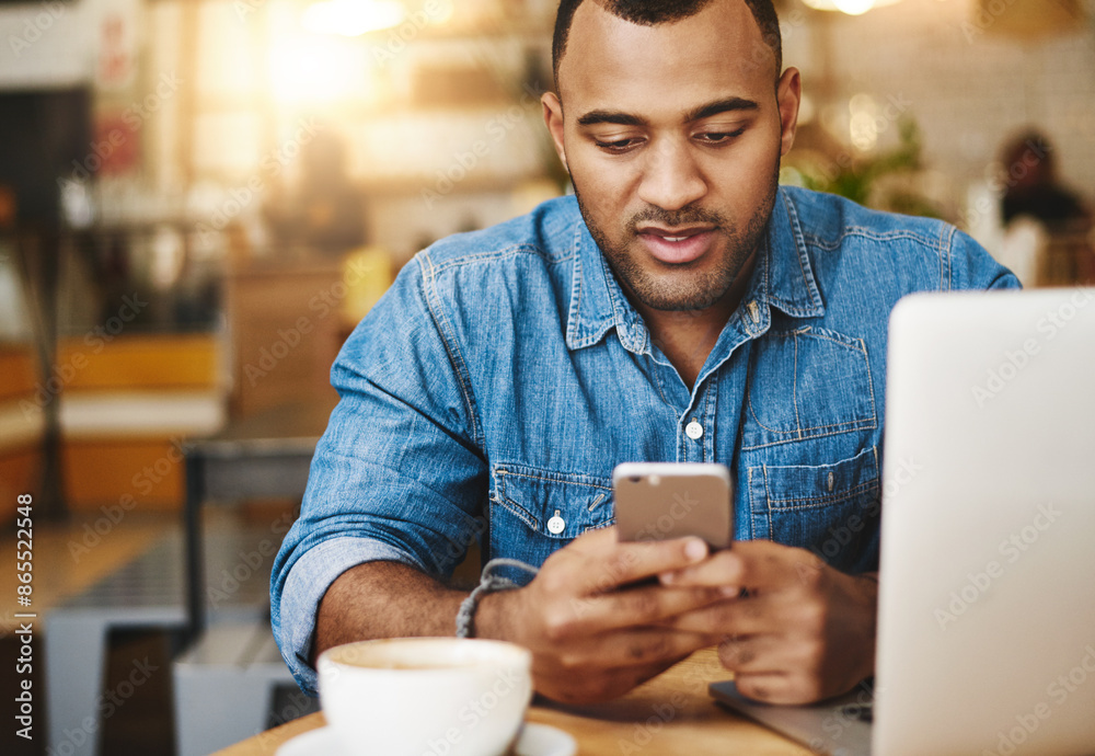 Poster Man, coffee shop and happy typing on smartphone, message notification and mobile app with online searching. Communication, freelance writer and break in restaurant, social media and reading blog