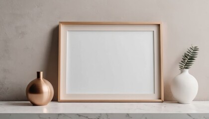 A simple wooden frame leans against a plain wall, offering a clean, minimalist backdrop for showcasing artwork or design elements