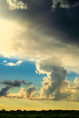 Beautiful sky over a field after a summer thunderstorm. Vertical view.