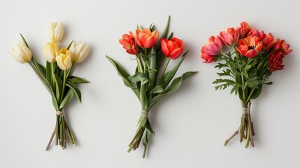 Tulip flower bouquets showcased individually on a white background