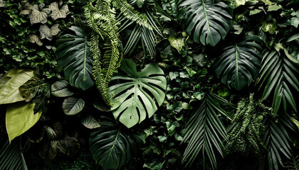 Fototapeta premium Vibrant green foliage wall. Bright plant leaves. Natural backdrop.
