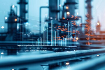 Industrial plant with data overlay, symbolizing automation and technology in manufacturing.