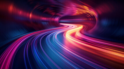 Colorful light trails in a futuristic tunnel with vibrant neon hues and dynamic motion