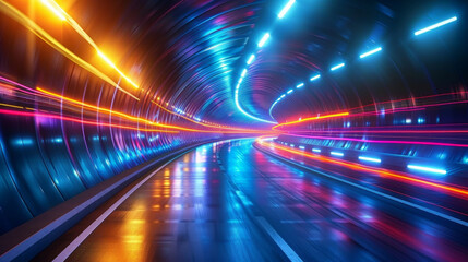 Futuristic tunnel with vibrant neon light trails and dynamic motion reflecting on wet surface