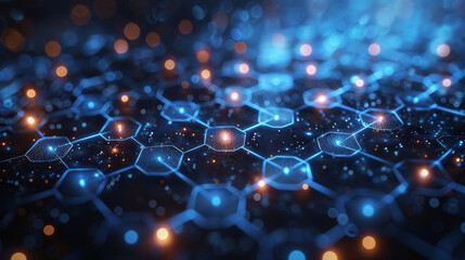 Hexagonal network structure with glowing nodes and connections in a dark, digital space