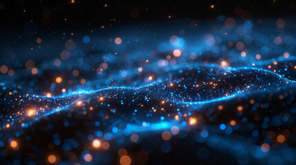Abstract digital landscape with glowing blue and orange particles forming wave-like patterns in a dark space