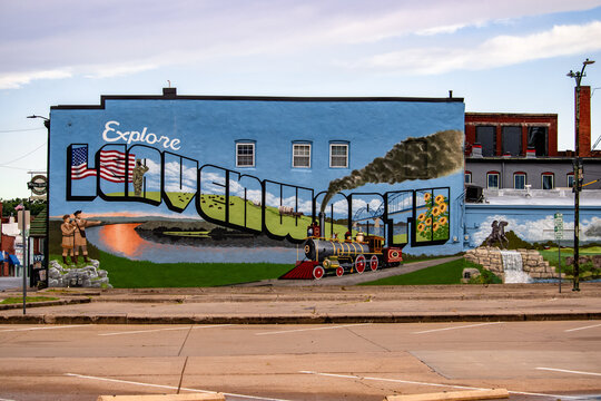 Colorful Mural on wall in downtown historic Leavenworth Kansas KS