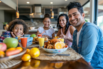 Obraz premium Portrait with selective focus of Happy multi-ethnic family having meal at home. Parents and children togetherness.