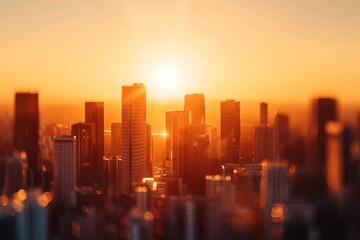 Fototapeta premium Silhouette of a city skyline at sunset, with the sun shining brightly behind the buildings.