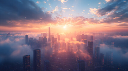 City skyline expanding with new skyscrapers and bustling activity, representing the growth and expansion of a business 