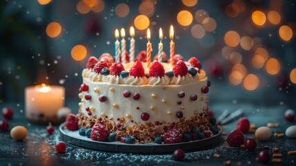 Birthday cake with berries and candles on a dark bokeh background