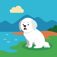Cotton De Tulear dog abandoned cries lake vector illustration