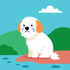 Cotton De Tulear dog abandoned cries lake vector illustration
