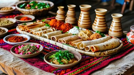 Traditional Ethiopian cuisine showcased with rolls, salads, and spices on a colorful table setting for a vibrant and cultural dining experience.
