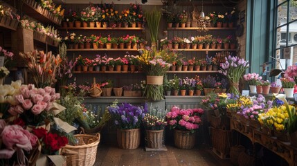 A nostalgic florist shop in London with fresh flowers and wicker baskets 