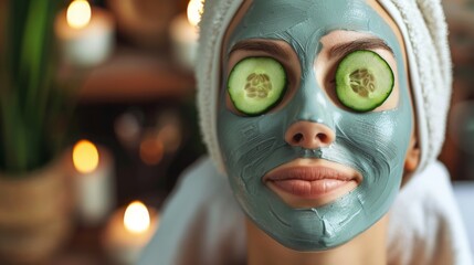 A close-up of a woman with a blue face mask and cucumber slices on her eyes.