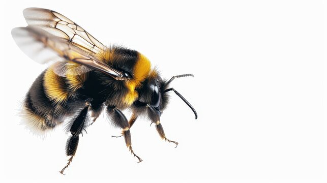macro shot of stunning bumblebee in flight isolated on white incredible pollinator insect generative ai illustration