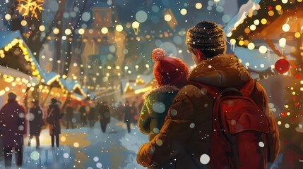 magical christmas market father and child enjoying festive lights and decorations whimsical digital painting