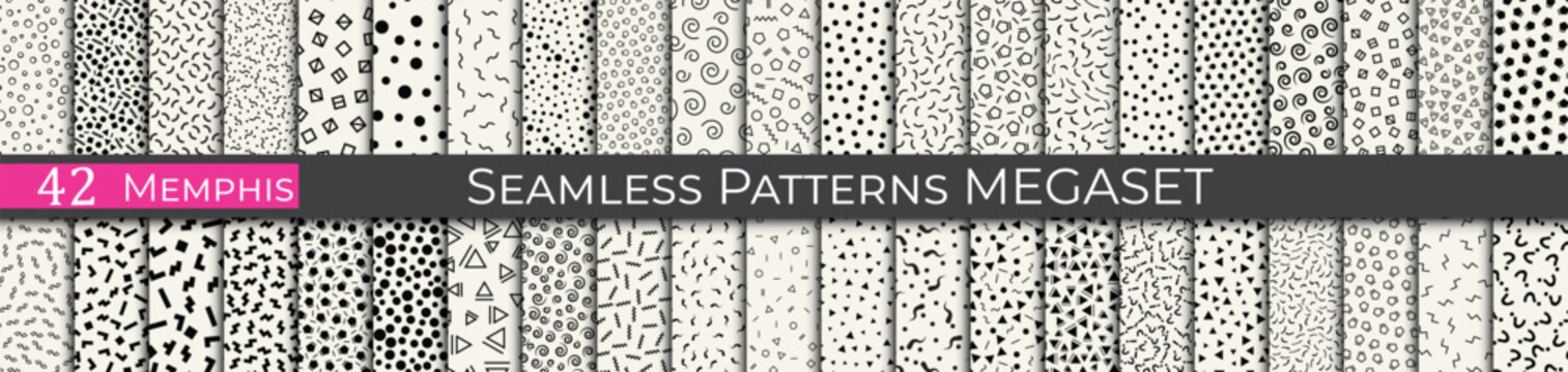 Memphis mega pattern set. Vintage 80s decoration pattern. Subtle memphis style hipster art.