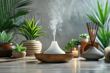 Serene Spa Room with Air Freshener Diffuser, Calming Decor, and Lush Greenery for Relaxation