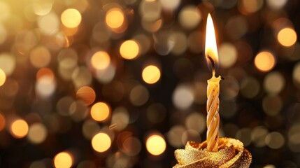 Golden candle birthday background with burning 17 festive card with copy space