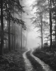 Obraz premium The foggy forest is a tranquil escape with winding trails leading through the peaceful atmosphere. Black and white art