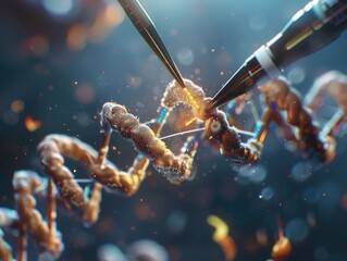 Close-up image showcasing advanced gene editing technology with precision instruments manipulating DNA strands in a scientific setting.