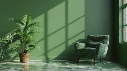 An elegant and stylish living room with a green color scheme, designed with a minimalist approach. The photo offers significant copy space, perfect for incorporating text or graphics into your