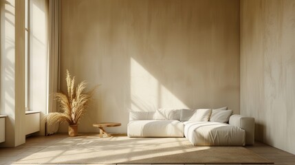 A warm and inviting living room with minimalist decor, featuring a cozy seating area and ample copy space for text or graphics. The room exudes a sense of tranquility and simplicity.