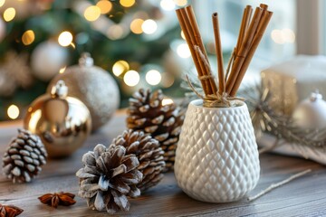 Winter Holiday Air Freshener with Pine and Cinnamon Scents on Wooden Table with Festive Decor