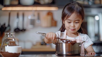 An asian little girl stirring chocolate in a pot celebrating the World Chocolate Day.