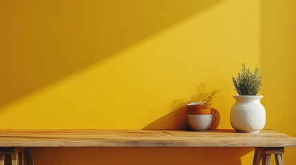 minimalist mustard moment textured yellow wall with copy space contemporary kitchen scene for product showcase