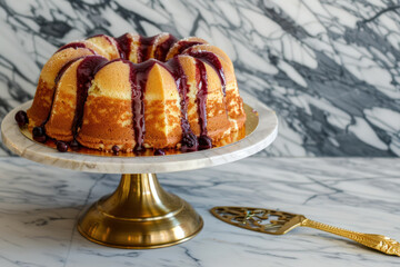 gourmet bundt cake drizzled with berry sauce on a luxurious gold cake stand
