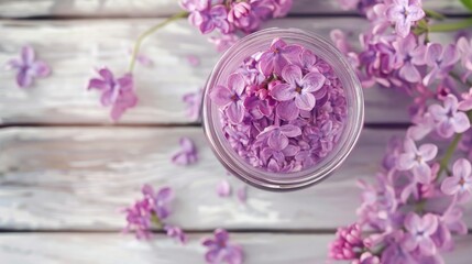 Natural cosmetics concept with lilac flowers in jar on wooden surface top view