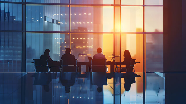 In a sleek,modern bank office,a business meeting is in full swing. Executives and managers sit around a large conference table,laptops and notepads open,ready to discuss important financial strategies