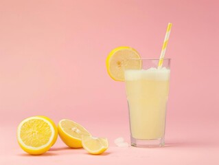 Refreshing lemonade with sliced lemon and straw on pink background. Perfect summer drink for a hot day.