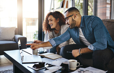 Home, couple and documents for accounting, laptop and planning for budget, savings and payment plan. Apartment, man and woman on sofa, pc and investment portfolio with paperwork for taxes or will