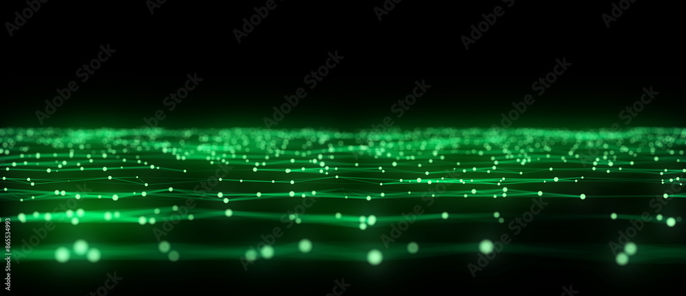 Poster abstract futuristic wave with moving dots. flow of colored particles and lines. cyber technology ill