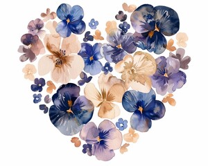 Colorful heart-shaped floral arrangement made of red, purple, and pink flowers, symbolizing love, beauty, and romance, perfect for Valentine's Day or decorative floral designs, watercolor floral heart