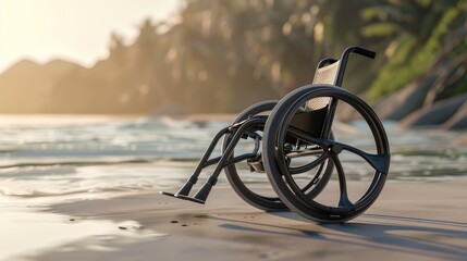 Modern Wheelchair on Sunlit Beach - Freedom and Adventure Design for Healthcare Print, Poster