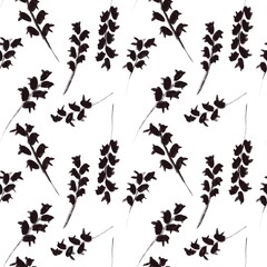 Seamless abstract botanical pattern. Simple background with black, white texture. Digital brush strokes. Flowers, spikes. Design for textile fabrics, wrapping paper, background, wallpaper, cover.