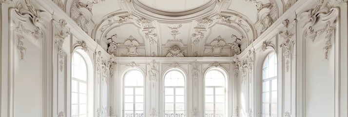 Empty glamorous rococo baroque ballroom interior architecture hall, panorama web vintage building event banner.